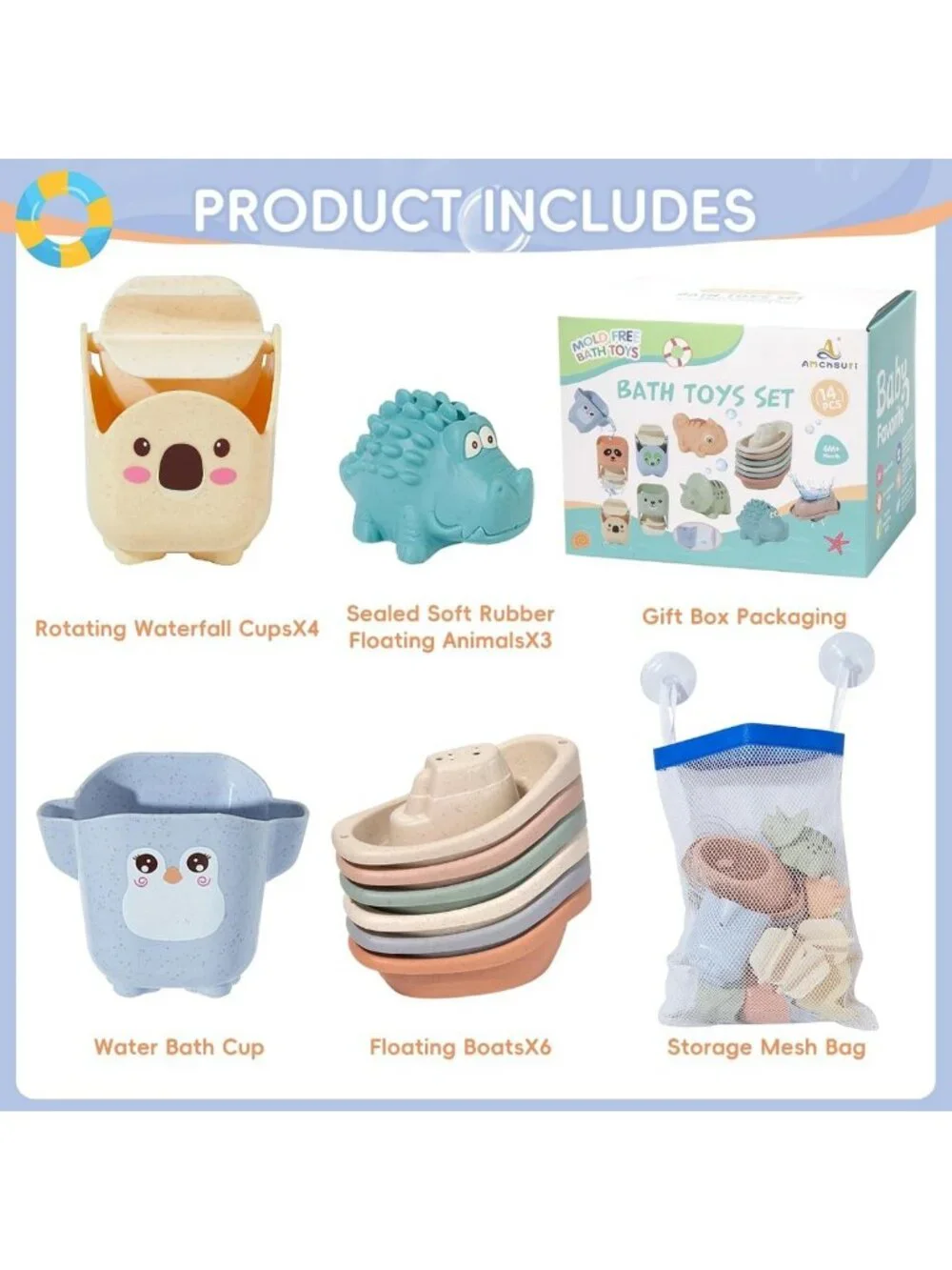 Mold-Free Baby Bath Toys Set, 14 Pack Floating Boats & Cups for Toddlers 1-3